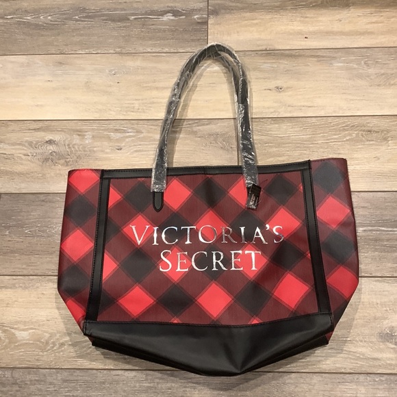 RL - Victoria's Secret Red Black Plaid Holiday Weekender Tote - Picture 7 of 12